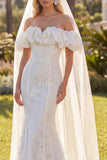 Witte Zeemeermin Bloemenkant Sweep Sleep Boho Trouwjurk met Sluiers