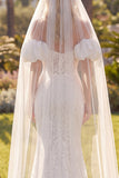 Witte Zeemeermin Bloemenkant Sweep Sleep Boho Trouwjurk met Sluiers