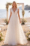 Witte bloemen A-lijn V-hals sleep-strand trouwjurk met strikken