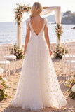 Witte bloemen A-lijn V-hals sleep-strand trouwjurk met strikken