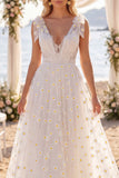 Witte bloemen A-lijn V-hals sleep-strand trouwjurk met strikken