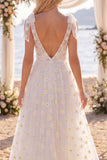 Witte bloemen A-lijn V-hals sleep-strand trouwjurk met strikken