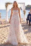 Glinsterend wit roze bloem strapless A-lijn sleep trouwjurk met sluiers