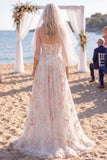 Glinsterend wit roze bloem strapless A-lijn sleep trouwjurk met sluiers
