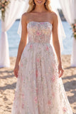 Glinsterend wit roze bloem strapless A-lijn sleep trouwjurk met sluiers
