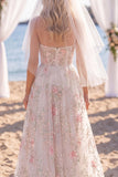 Glinsterend wit roze bloem strapless A-lijn sleep trouwjurk met sluiers