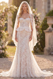 Witte Bloemenkant Zeemeermin Met Ruffles Sweep Sleep Korset Boho Trouwjurk met Sluiers