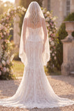 Witte Bloemenkant Zeemeermin Met Ruffles Sweep Sleep Korset Boho Trouwjurk met Sluiers