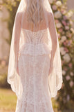 Witte Bloemenkant Zeemeermin Met Ruffles Sweep Sleep Korset Boho Trouwjurk met Sluiers