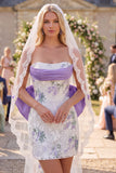 Witte paarse bloemenkant gerimpelde strapless strakke korte trouwjurk met sluiers