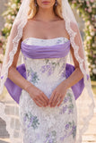 Witte paarse bloemenkant gerimpelde strapless strakke korte trouwjurk met sluiers