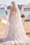 Witte Roze Bloem Sweetheart A Line Sweep Sleep Korset Trouwjurk met Sluiers