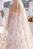 Witte Roze Bloem Sweetheart A Line Sweep Sleep Korset Trouwjurk met Sluiers