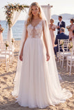Witte bloemenchiffon A Line V-hals Sweep Sleep Keyhole Beach trouwjurk met sluiers