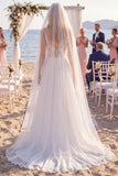 Witte bloemenchiffon A Line V-hals Sweep Sleep Keyhole Beach trouwjurk met sluiers