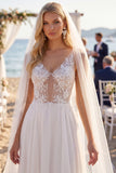 Witte bloemenchiffon A Line V-hals Sweep Sleep Keyhole Beach trouwjurk met sluiers