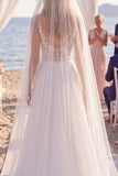 Witte bloemenchiffon A Line V-hals Sweep Sleep Keyhole Beach trouwjurk met sluiers