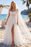Bloemige witte korset A Line Sweep Sleep Sweetheart Beach trouwjurk met sluiers
