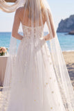 Bloemige witte korset A Line Sweep Sleep Sweetheart Beach trouwjurk met sluiers