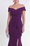 Off-the-shoulder paarse zeemeermin gerimpelde formele jurk met split
