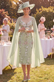 Green Bodycon geappliqueerde bloemenmidi Mother of the Bride jurk met cape