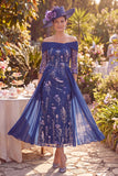 Off-the-shoulder marineblauwe bloemen A-lijn gerimpelde midi moeder van de bruid jurk met 3/4 mouwen