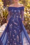 Off-the-shoulder marineblauwe bloemen A-lijn gerimpelde midi moeder van de bruid jurk met 3/4 mouwen