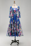 Koninklijk blauwe A-lijn vierkante hals bloemen midi jurk Mother of the Bride