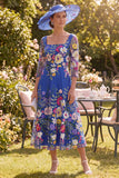 Koninklijk blauwe A-lijn vierkante hals bloemen midi jurk Mother of the Bride