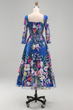 Koninklijk blauwe A-lijn vierkante hals bloemen midi jurk Mother of the Bride