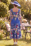 Koninklijk blauwe A-lijn vierkante hals bloemen midi jurk Mother of the Bride