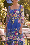 Koninklijk blauwe A-lijn vierkante hals bloemen midi jurk Mother of the Bride