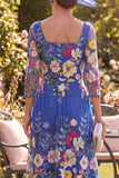 Koninklijk blauwe A-lijn vierkante hals bloemen midi jurk Mother of the Bride