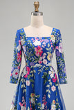 Koninklijk blauwe A-lijn vierkante hals bloemen midi jurk Mother of the Bride