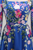 Koninklijk blauwe A-lijn vierkante hals bloemen midi jurk Mother of the Bride