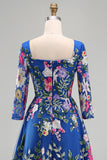 Koninklijk blauwe A-lijn vierkante hals bloemen midi jurk Mother of the Bride