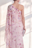 Lila Eén Schouder Chiffon Bloemenzeemeermin Lange Moeder van de Bruid Jurk met zijmantel