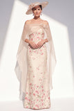 Abrikoos strapless bloemenzeemeermin Lange Moeder van de Bruid jurk met cape