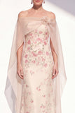 Abrikoos strapless bloemenzeemeermin Lange Moeder van de Bruid jurk met cape