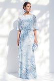 Blauwe bloemenbateau-hals Chiffon Schede Lange Moeder van de Bruid-jurk met halve mouwen