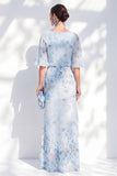 Blauwe bloemenbateau-hals Chiffon Schede Lange Moeder van de Bruid-jurk met halve mouwen