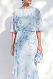 Blauwe bloemenbateau-hals Chiffon Schede Lange Moeder van de Bruid-jurk met halve mouwen