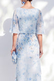 Blauwe bloemenbateau-hals Chiffon Schede Lange Moeder van de Bruid-jurk met halve mouwen
