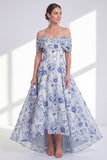 A-lijn blauwe bloem van de schouder hoog, laag Mother of the Bride jurk