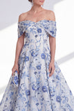 A-lijn blauwe bloem van de schouder hoog, laag Mother of the Bride jurk