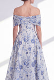 A-lijn blauwe bloem van de schouder hoog, laag Mother of the Bride jurk