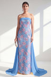 Glinsterende zeemeerminblauwe strapless pailletten lange jurk van de moeder van de bruid met cape