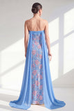 Glinsterende zeemeerminblauwe strapless pailletten lange jurk van de moeder van de bruid met cape