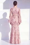Blush zeemeermin ronde hals bloemen lange moeder van de bruid jurk met lange mouwen
