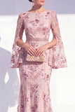 Blush zeemeermin ronde hals bloemen lange moeder van de bruid jurk met lange mouwen